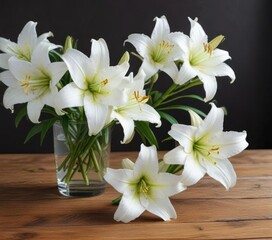 Fototapeta premium Simple yet beautiful white lilies on a wooden table, , white, home