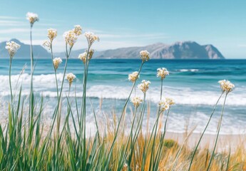 Coastal Serenity: Delicate white wildflowers sway gently in the sea breeze, their delicate blooms contrasting beautifully against the turquoise ocean and distant mountains. A tranquil coastal scene.