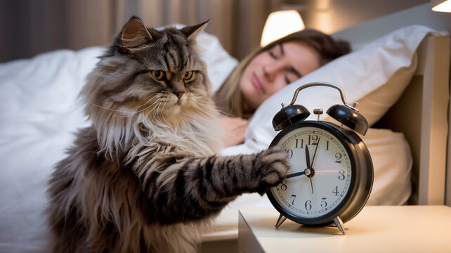  Daylight Saving Time Starts.  Spring forward 2026. The cat moves the alarm clock hands. The background is slightly blurred, with the unsuspecting owner sleeping.