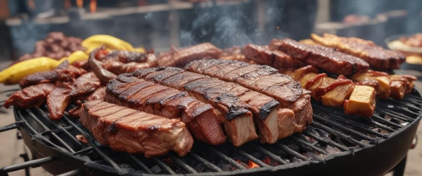 Sizzling charcoal grill with ribs, chorizo, and chinchulines sizzling in the background, sizzling, chorizo, Argentine cuisine