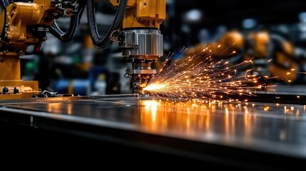 Robotic arm welding metal sparks factory