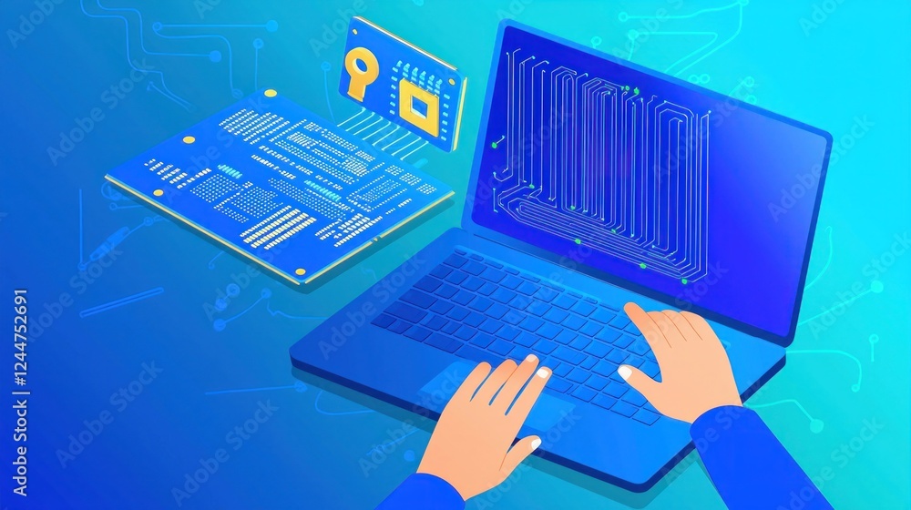 Poster hands typing on laptop with circuit board and digital elements