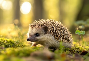 Fototapeta premium Hedgehog in Woodland: A tiny hedgehog with spiky brown and white fur, explores the mossy woodland floor under a golden sunlight, evoking the charm and innocence of nature's smallest wonders. 
