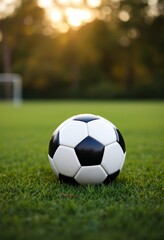 Obraz premium Soccer ball on green grass field at sunset. Classic black and white football on sports ground during golden hour. Athletic equipment for game with blurred goal in background