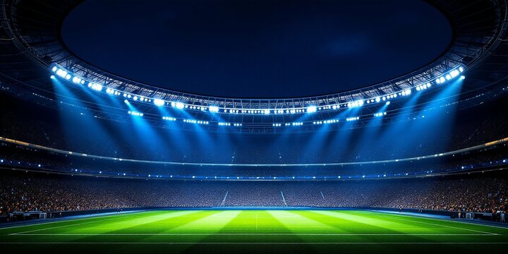 Professional soccer stadium at night with bright blue floodlights illuminating empty green field. Modern sport arena with rows of seats and dramatic lighting for championship matches - Powered by Adobe