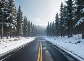 Obraz premium Snow-covered asphalt road cutting through winter forest, winter wonderland, road, forest
