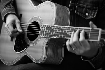 Fototapeta premium Acoustic Guitarist: A Black and White Portrait of Musical Passion.
