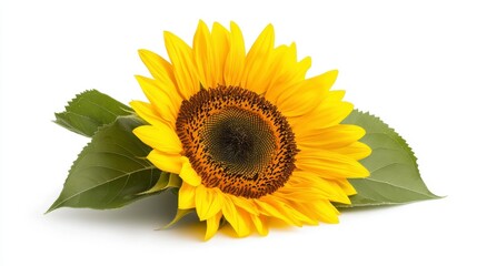 Naklejka premium Vibrant Yellow Sunflower With Green Leaves On White Background