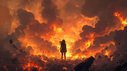 Fototapeta premium A Solitary Figure Amidst the Inferno: A lone woman stands amidst a fiery apocalyptic landscape, silhouetted against a backdrop of billowing smoke and flames.