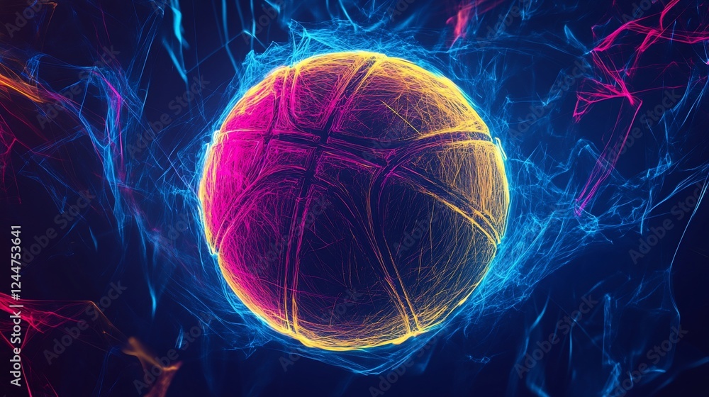 Poster a glowing basketball surrounded by energy waves on a dark background creating a vibrant and dynamic 