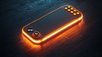 Glowing handheld gaming console on dark surface.