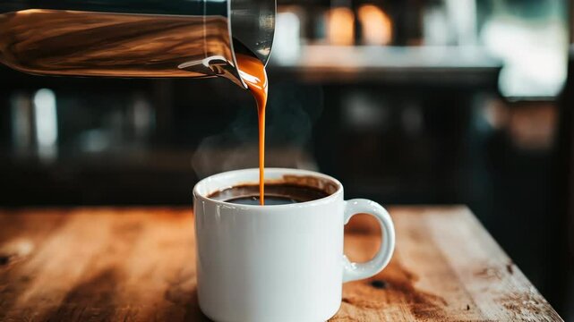 Pouring fresh coffee into ceramic mug on wooden table in rustic caf� setting