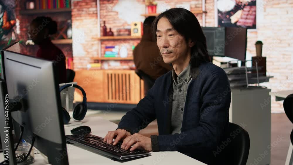 Poster portrait of smiling senior engineer coding advanced ai algorithm in startup office, refining machine