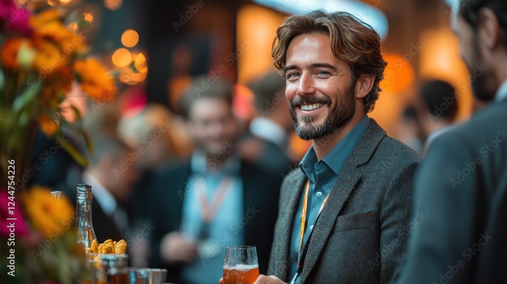 Aufkleber smiling man at a vibrant networking event with drinks