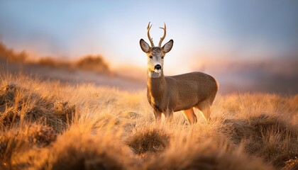 Striking Roe Deer Buck Caught in Wintery Forest Moment, Majestic Creature Illuminated against SnowCovered Landscape at Dusk