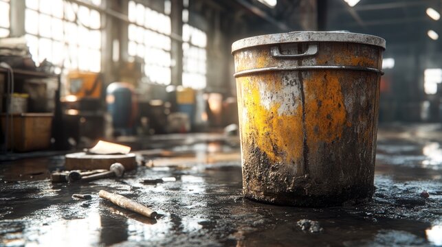 Dirty yellow bucket in industrial workshop