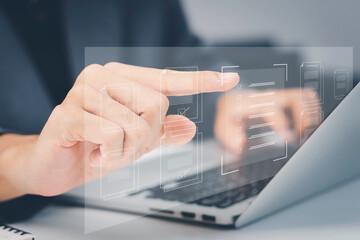 Businessman touching approved document icon on digital documents for approve business project proposals. Quality assurance and online evaluation of business concept. document management concept.