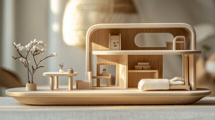Stylish wooden shelving unit displaying modern home decor pieces, including ceramic vases and woven baskets, in a Scandinavian-inspired interior