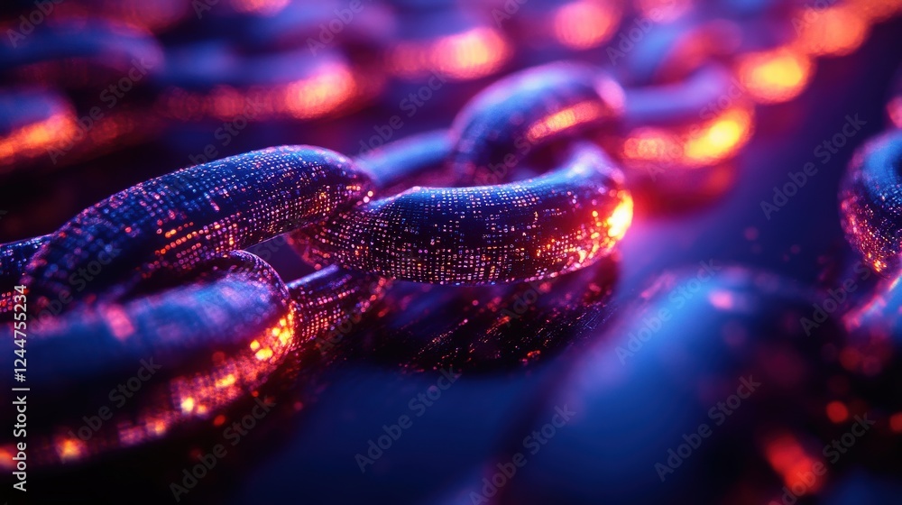 Poster close-up view of glowing digital chains with vibrant colors and a blurred background effect