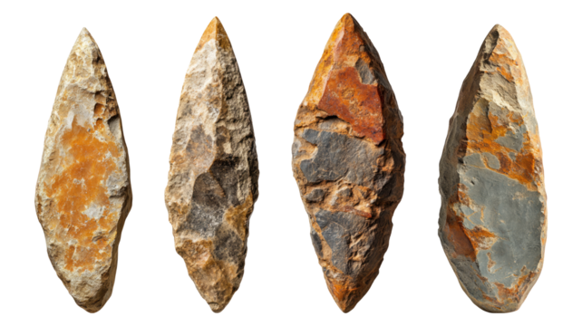 Collection of four isolated stone tools on a transparent background