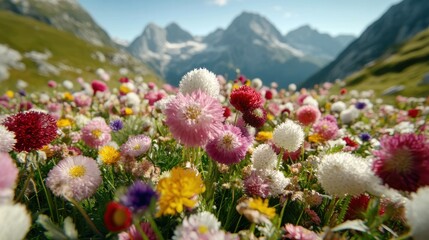 Fototapeta premium A field of flowers with a mountain in the background