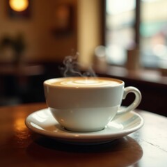 Fototapeta premium Creamy coffee swirl, bokeh lights, blurred cafe setting, cafe, shallow, dark