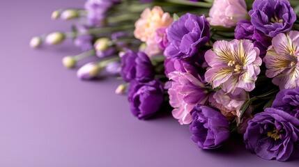 Fototapeta premium A vibrant bouquet of purple and pink flowers arranged on a soft lavender background.