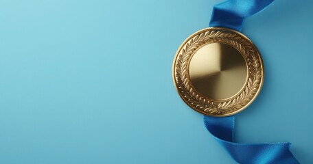 Golden Medal with Blue Ribbon: A gleaming gold medal, elegantly adorned with a textured border, rests on a serene blue background, accompanied by a flowing blue ribbon.