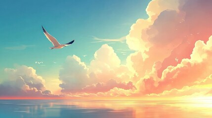Serene seascape with a soaring bird at sunset.
