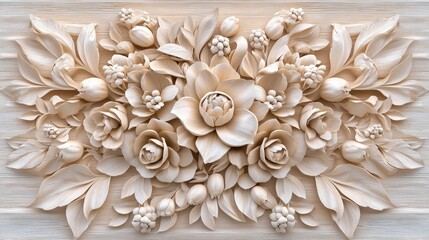 Elegant carved floral arrangement, beige wood background, home decor, wall art