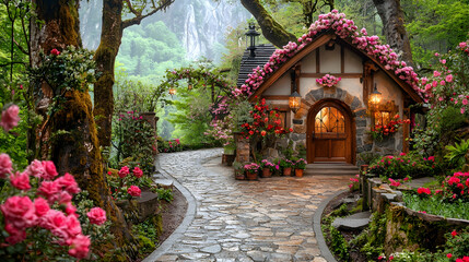 Fototapeta premium Fairytale rose cottage, lush garden, waterfall background; tourism