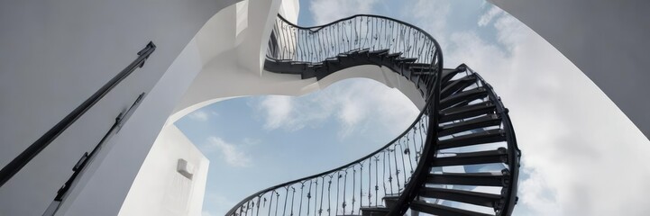 Panoramic curved spiral staircase leading up to the sky , blue sky, architecture