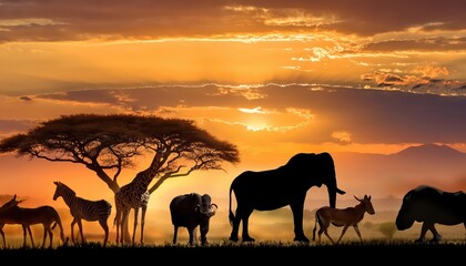 Fototapeta na wymiar Vivid African Safari Scene A Striking Collage of Wildlife and Savannah Vibrancy, Showcasing a Majestic Elephant, Playful Cheetahs, and a Scenic Sunset.