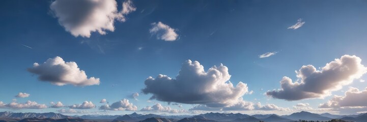 Peaceful blue sky with a few small fleecy clouds peeking out from behind larger ones , peaceful scene, calm atmosphere