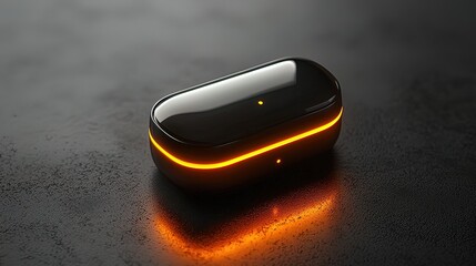 Sleek black charging case with glowing orange light, on dark surface.