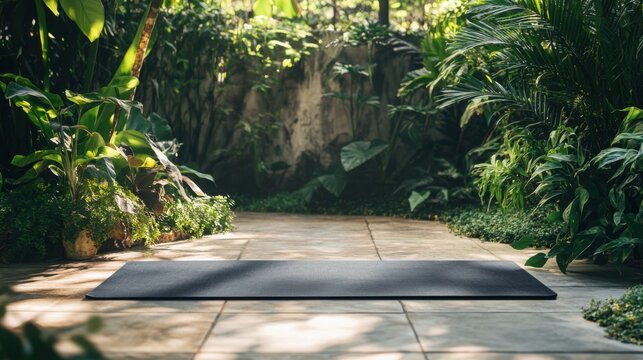 Outdoor Yoga Oasis: A serene scene of a yoga mat set against a backdrop of lush greenery, inviting you to find peace and mindfulness in nature.