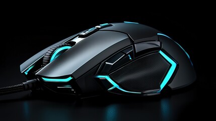Sleek black gaming mouse with blue LED lights, angled view on dark background.