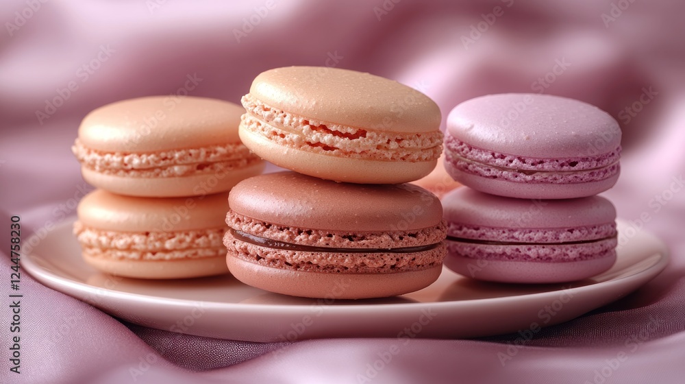 Poster assorted macarons on a delicate plate with soft fabric backdrop