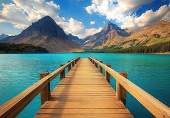 Fototapeta premium Serene Mountain Lake with Wooden Dock: A Breathtaking Panorama