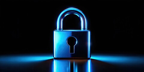 Fototapeta premium A glowing blue padlock silhouette against a dark backdrop symbolizes cybersecurity, digital security, and robust protection.