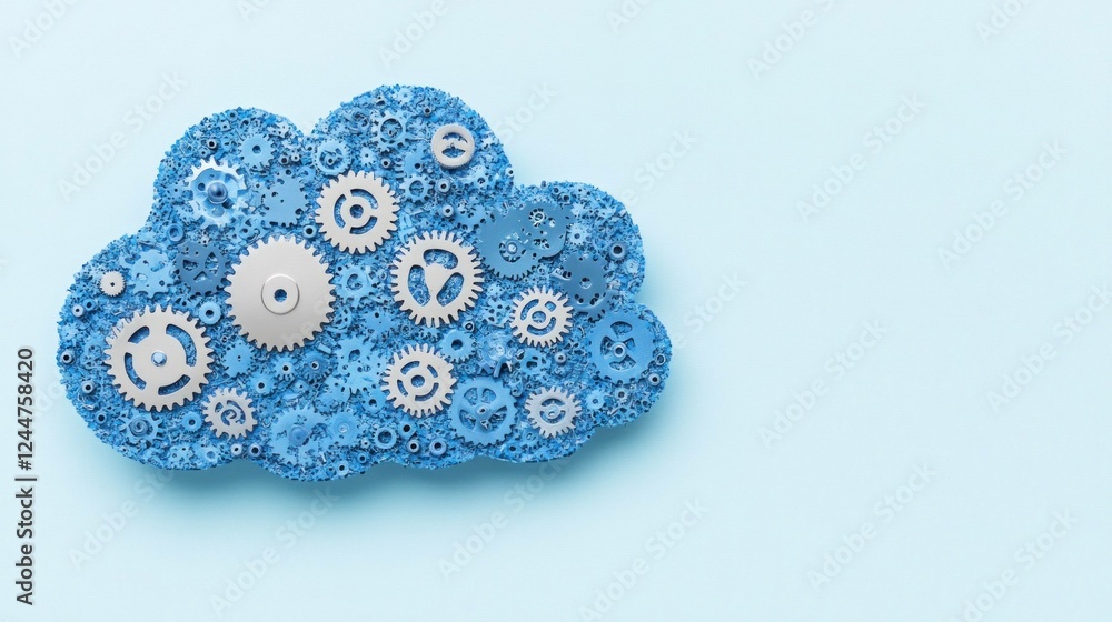 Poster stylized blue cloud composed of gears and cogs, representing technology and innovation in a dynamic 