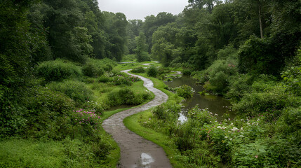 Fototapeta premium Winding path by stream in lush green valley, overcast day, nature escape