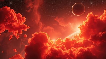 Naklejka premium Red and orange gas clouds in a nebula background with bright stars and planets, gas clouds, orange