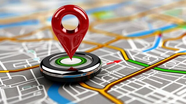 Dynamic navigation with 3d red pin on digital city map for geolocation and gps tracking