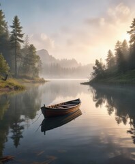 Relaxing landscape painting of mist-covered lake and solitary boat, lake, watercolor, peaceful, landscape