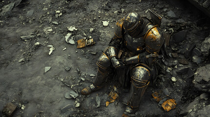 The aftermath of a battle is captured in the shattered remnants of armor and weapons. A lone soldier surveys the damage, lost in thought and heavy with emotion.