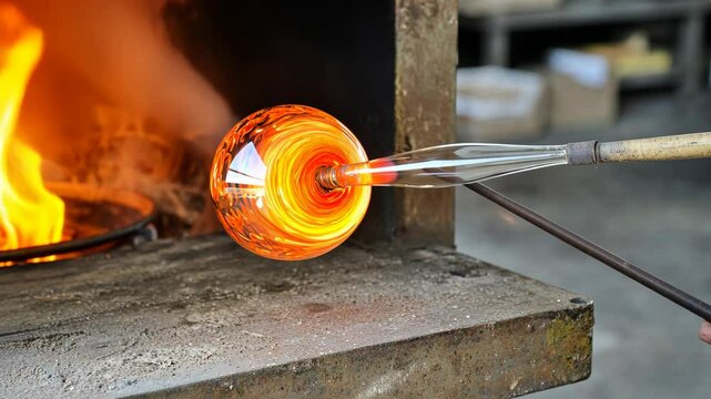 Glass artist creates a fiery orb of molten glass in a traditional glassblowing workshop
