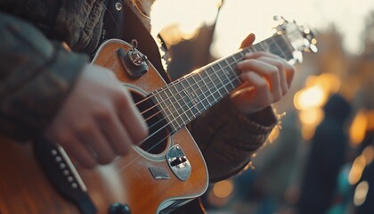 Obraz premium Sunset Acoustic Guitarist: A Golden Hour Serenade.