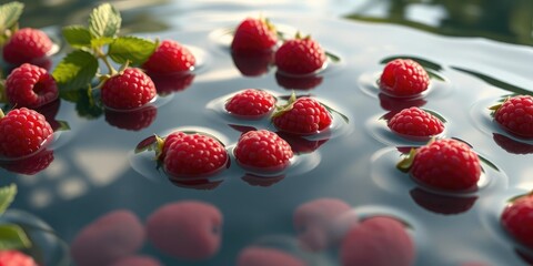 Ripe raspberries floating on water surface, nature scene, fall, water