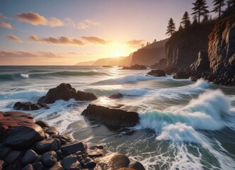 Obraz premium Rocky shoreline with waves crashing against the shore, coastline, ocean, nature